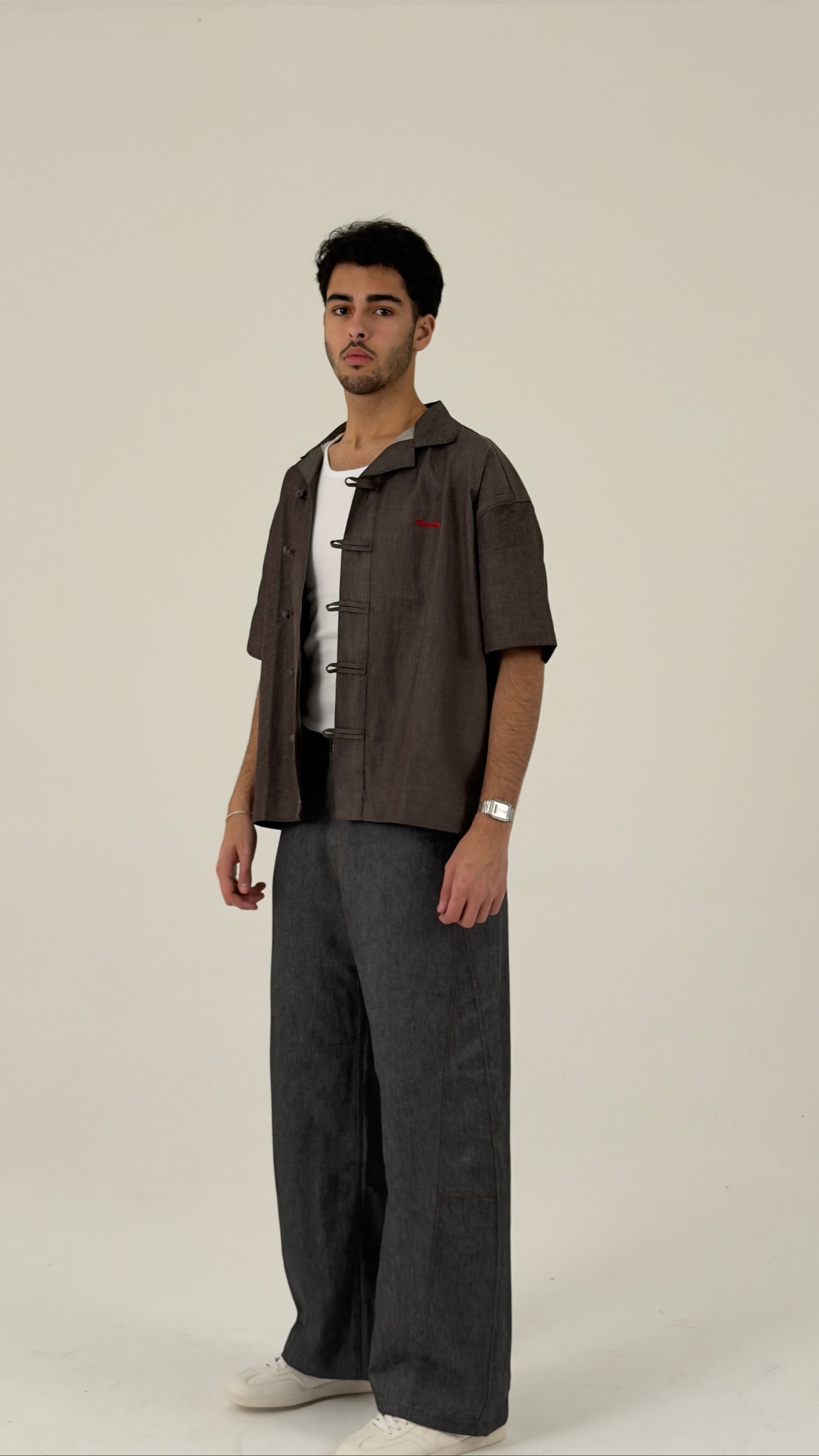 Structured Short-Sleeve Utility Shirt with Oriental Frog-Closure Details