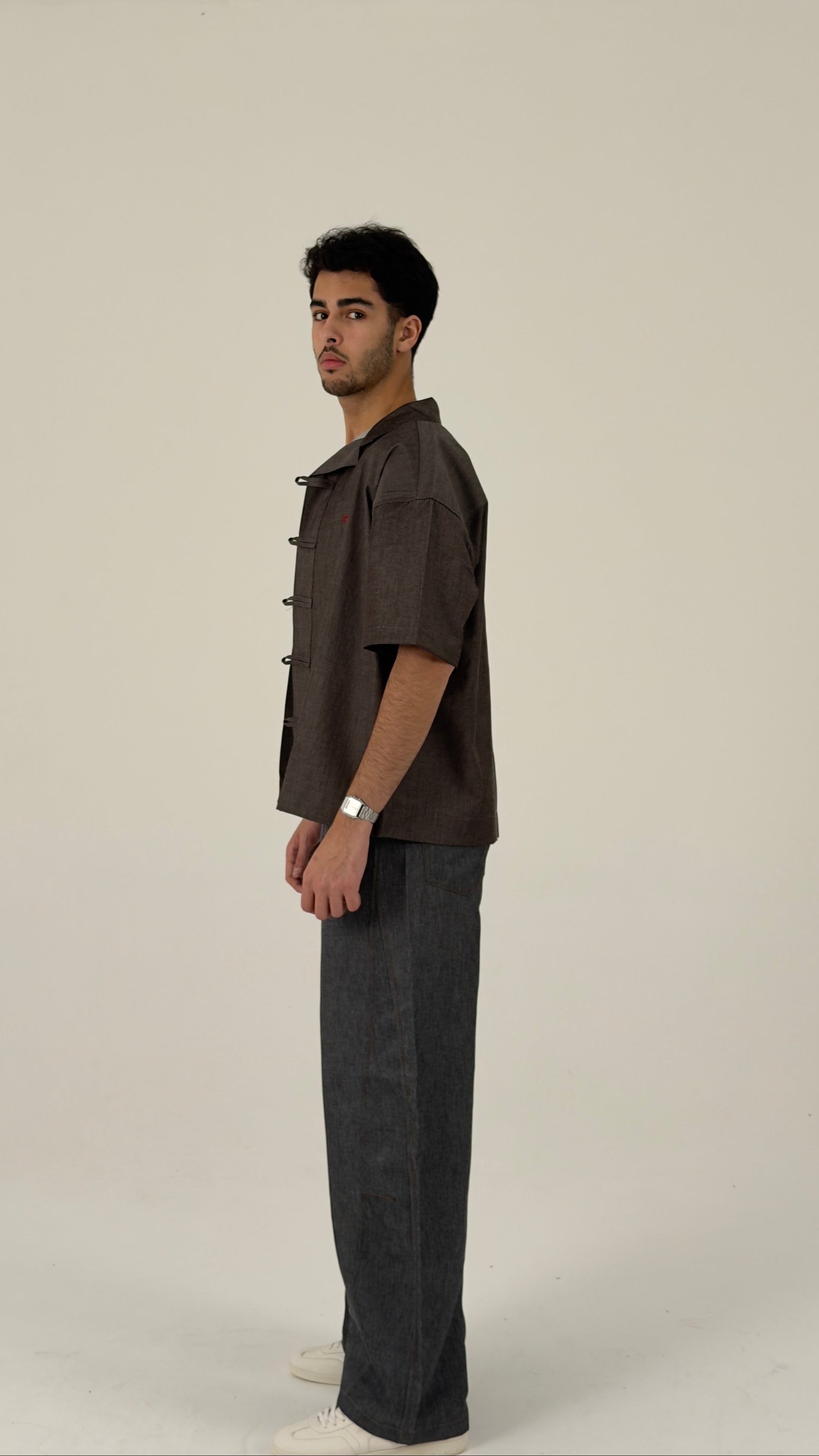 Structured Short-Sleeve Utility Shirt with Oriental Frog-Closure Details
