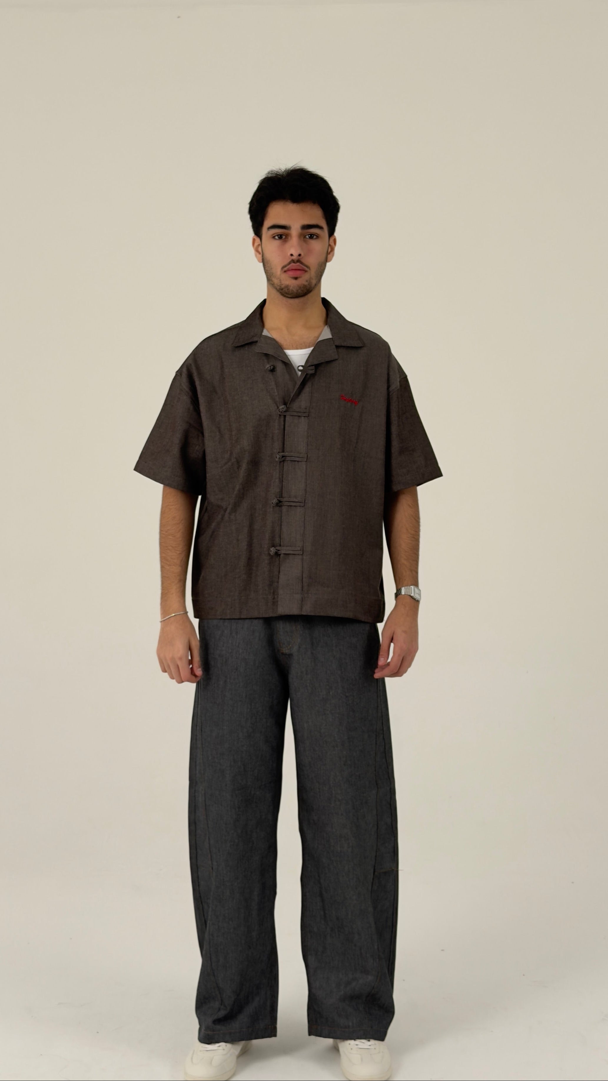 Structured Short-Sleeve Utility Shirt with Oriental Frog-Closure Details