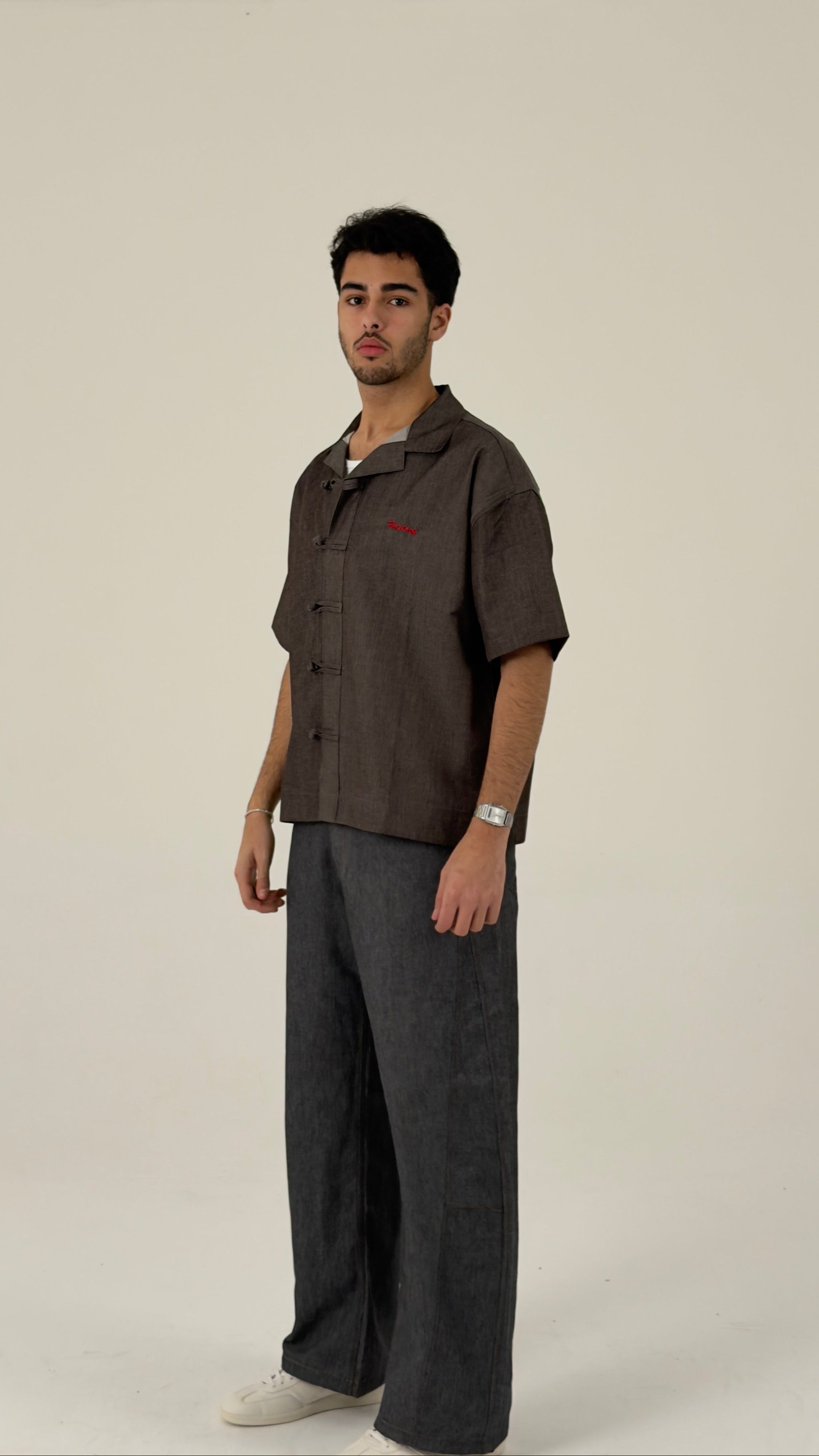Structured Short-Sleeve Utility Shirt with Oriental Frog-Closure Details