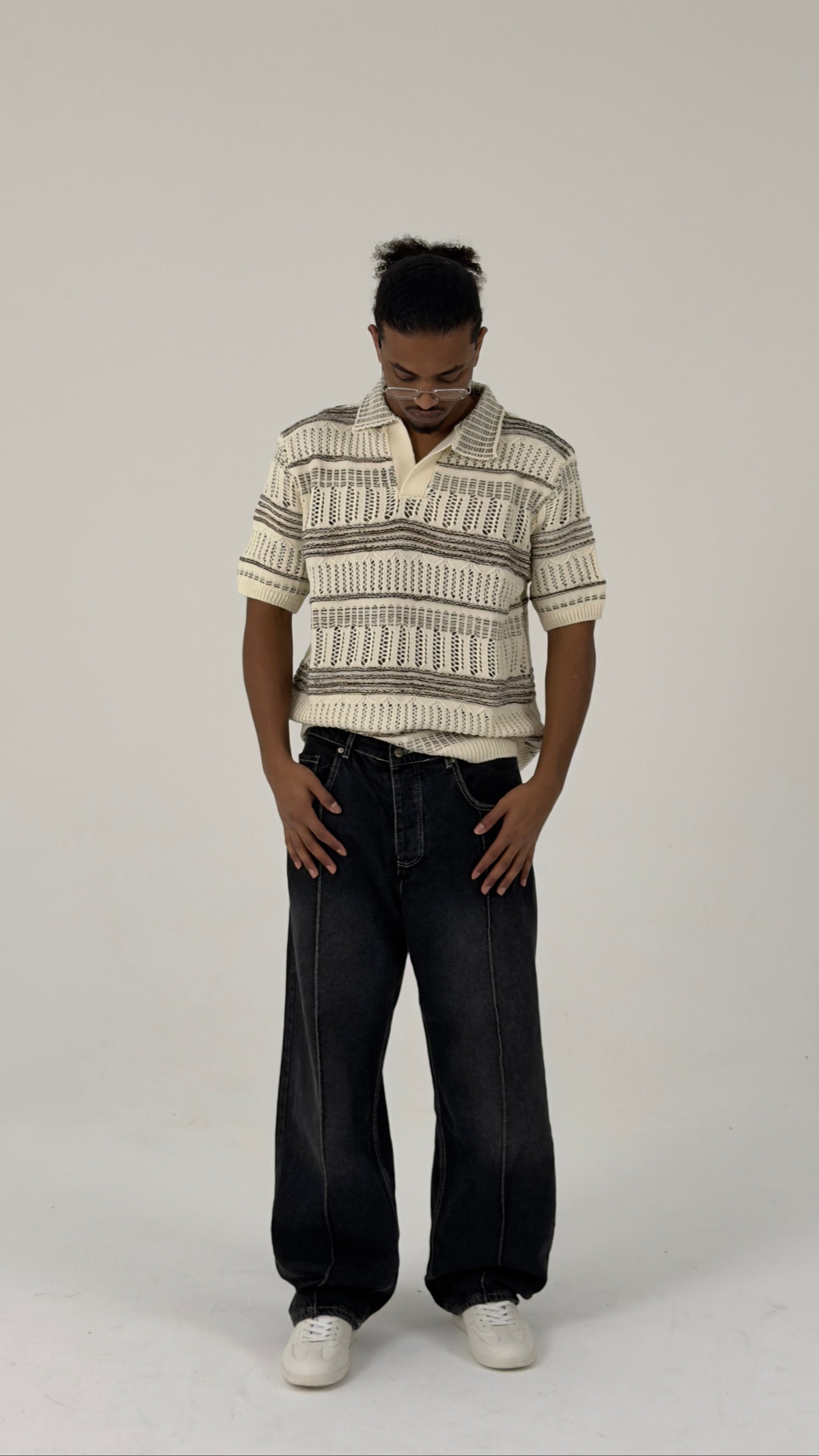 Vintage-Inspired Open-Knit Stripe Polo in Ecru