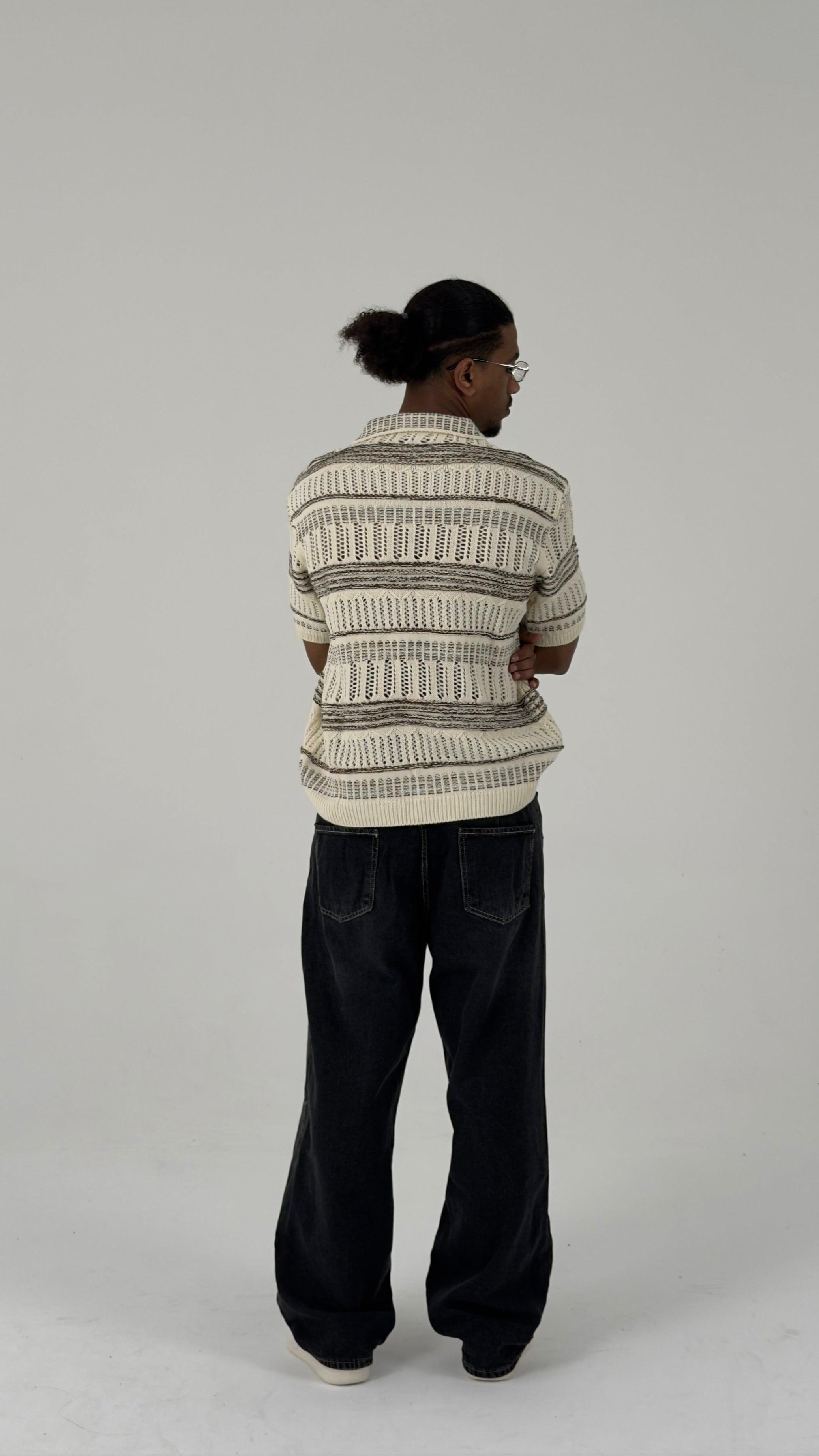 Vintage-Inspired Open-Knit Stripe Polo in Ecru