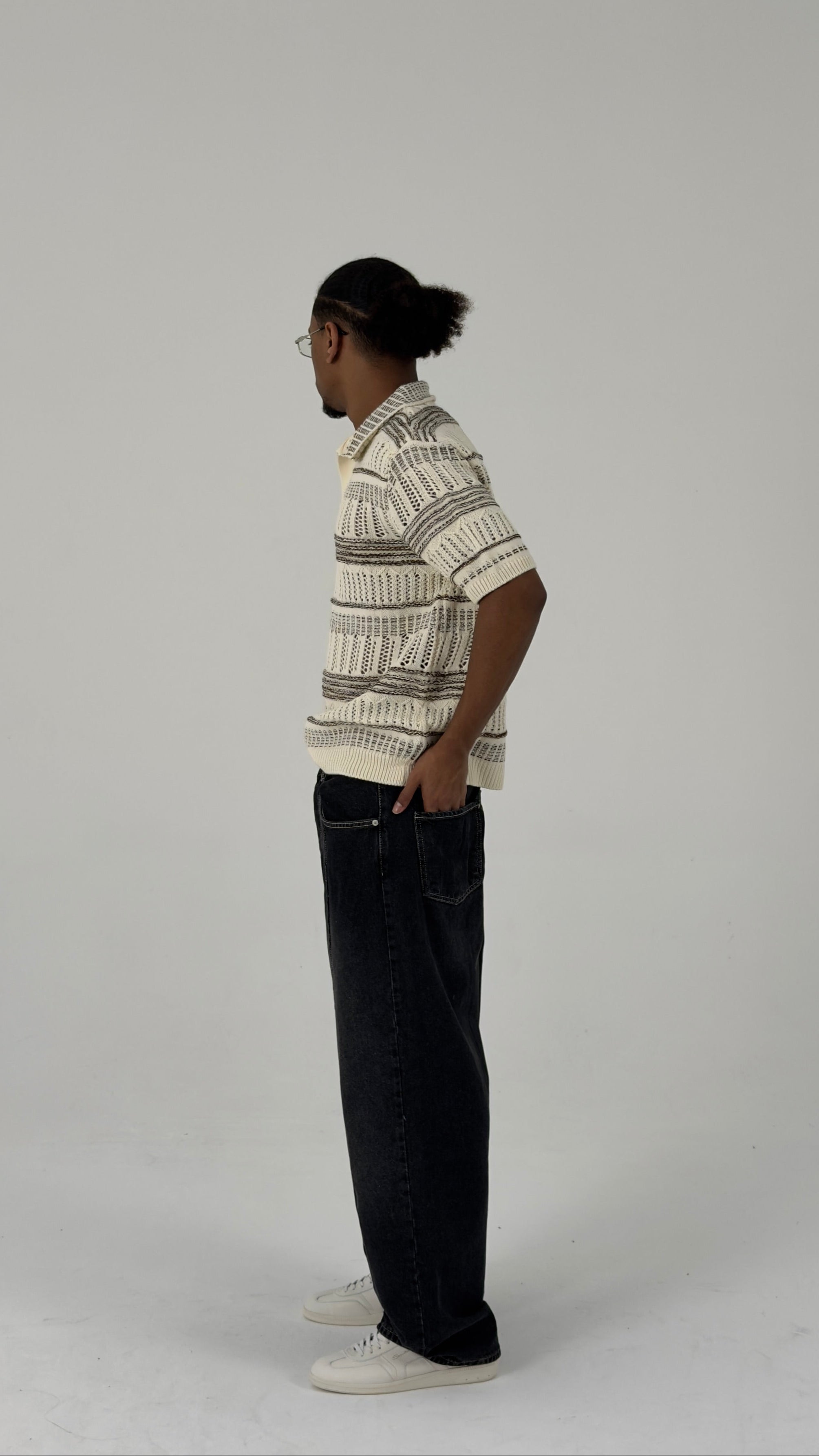 Vintage-Inspired Open-Knit Stripe Polo in Ecru