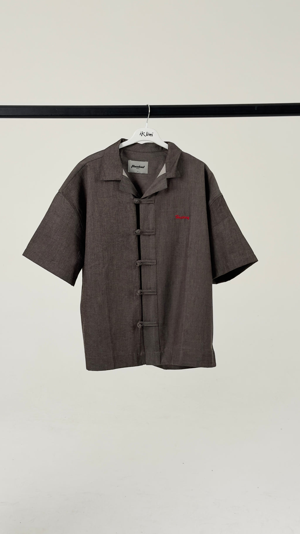 Structured Short-Sleeve Utility Shirt with Oriental Frog-Closure Details