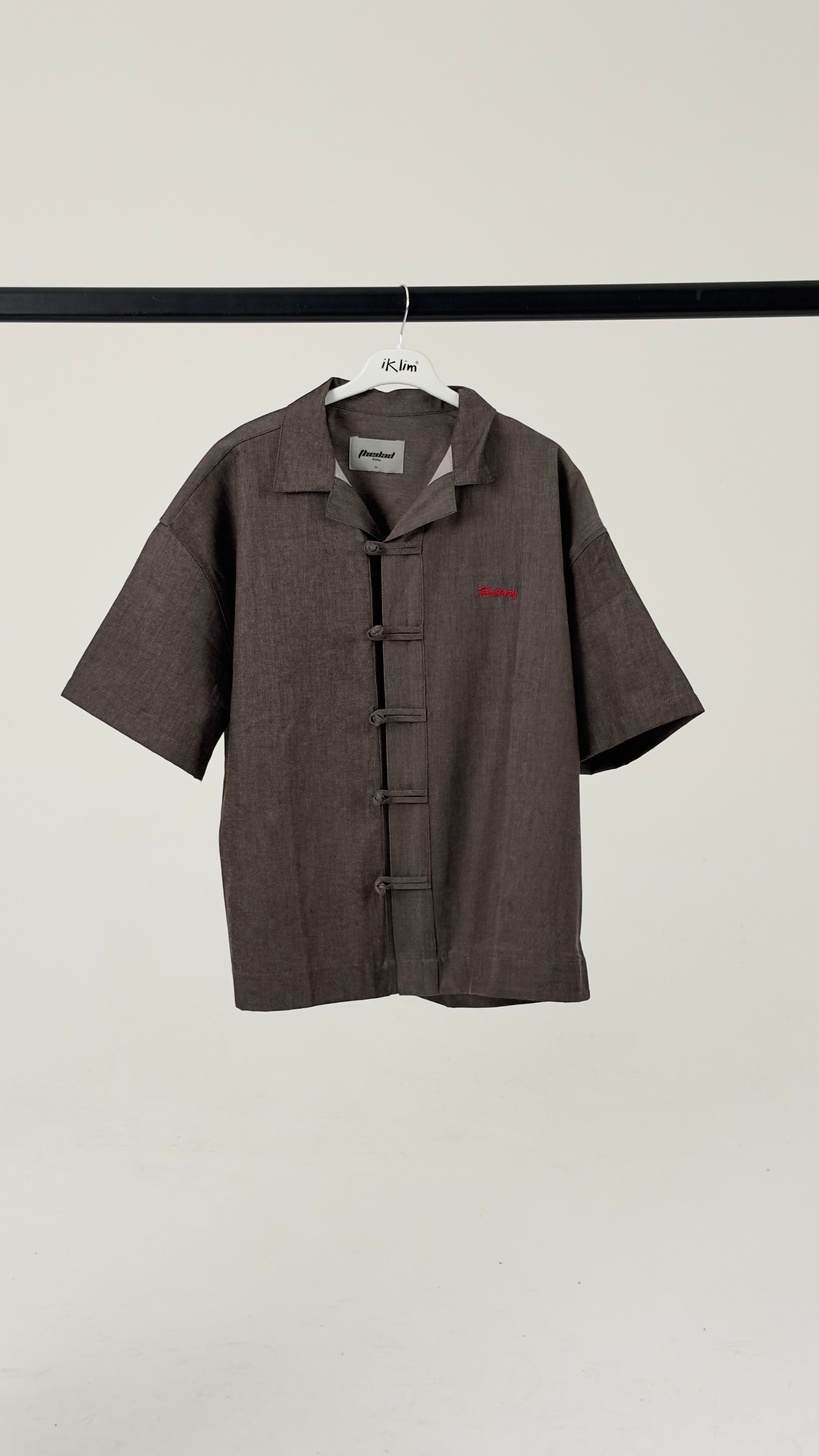 Structured Short-Sleeve Utility Shirt with Oriental Frog-Closure Details