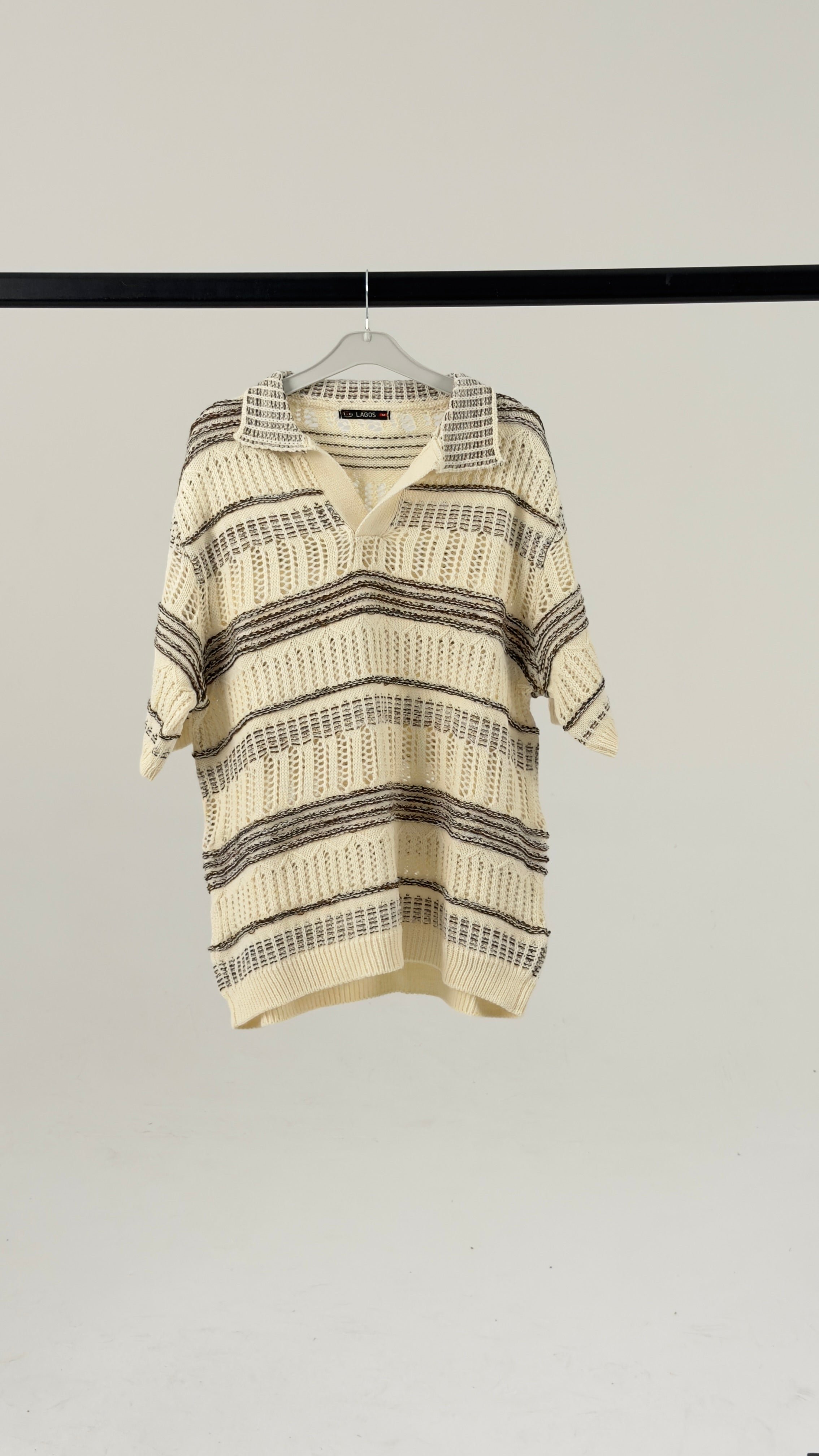 Vintage-Inspired Open-Knit Stripe Polo in Ecru