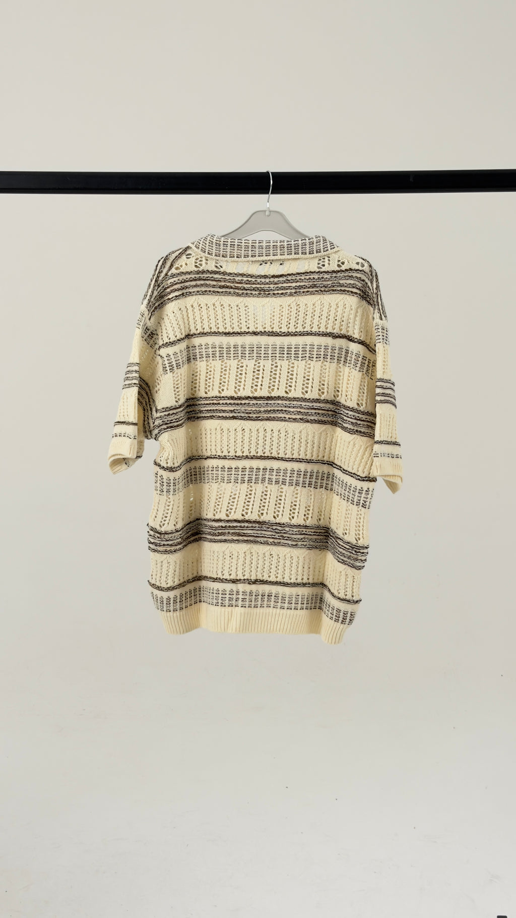 Vintage-Inspired Open-Knit Stripe Polo in Ecru