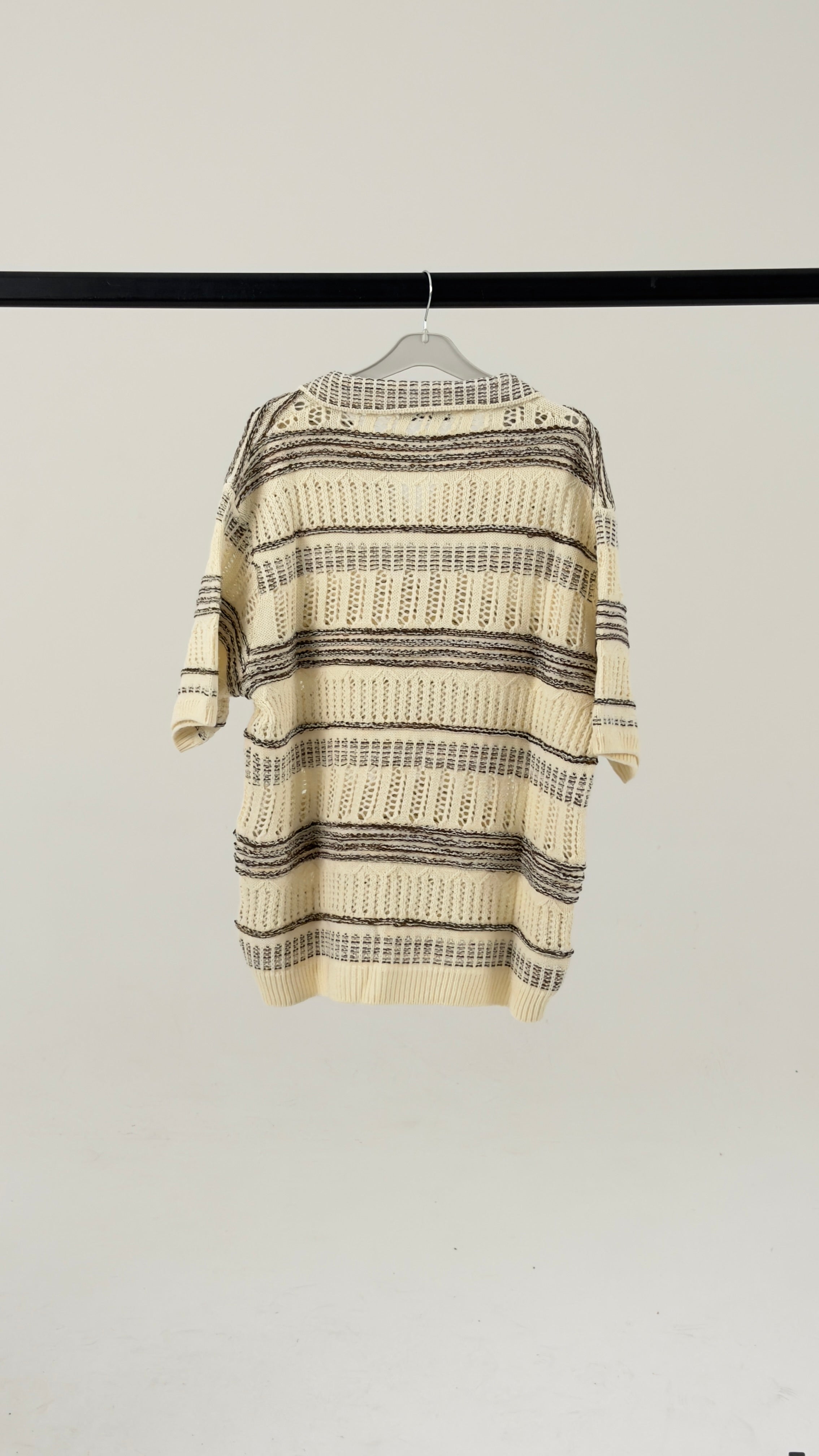 Vintage-Inspired Open-Knit Stripe Polo in Ecru